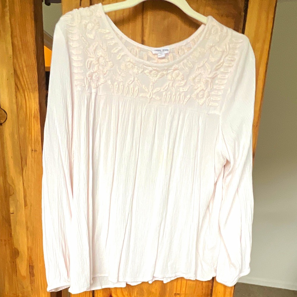 Tribal Jeans Women's White Embroidered Peasant Blouse Long Sleeve, Size L